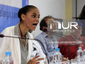 Marina Silva, presidential candidate of the Brazilian Socialist Party (PSB), speaks in a debate about internet during her campaign in Sao Pa...