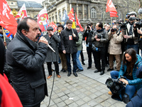 French workers' union General Confederation of Labour (CGT) Secretary-General Philippe Martinez speaks during a dimostration  to support the...