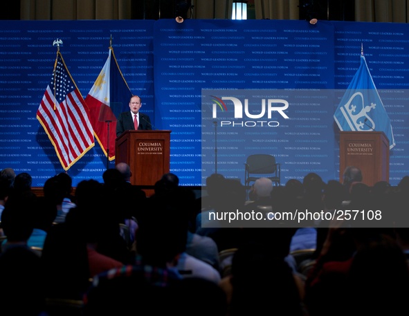 NEW YORK - Philippine President Benigno S. Aquino III address his speech for the World Leaders Forum on September 23, 2014 in Columbia Unive...