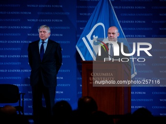 NEW YORK - President of Columbia University Lee C. Bollinger (L) and Professor Duncan McCargo of University of Leeds stands by as President...