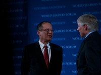 NEW YORK - Philippine President Benigno S. Aquino III (Left) with Columbia University President Lee C. Bollinger (Right) after concluding hi...
