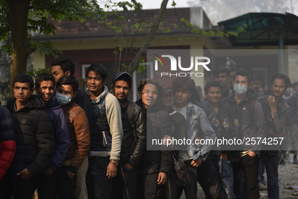 Nepalese Youths line up to pay the amount for the application submission for the Korean Language Test (KLT) under the Korea Employment Permi...