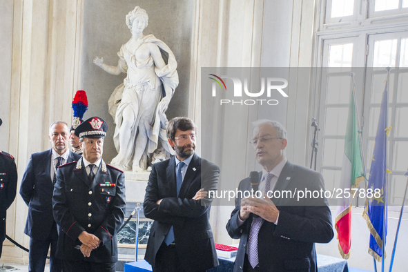 The italian Minister Franceschini and the greek Minister Tassoulas during the ceremony for the return of Greek coins recovered by Comando Ca...