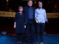 Irish actor Brendan Gleeson (center pictured with Anne Clarke (left), Landmark Productions Director and Domhnall Brian Gleeson (right), as B...