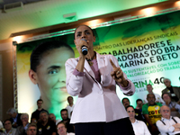 The presidential candidate Marina Silva, of the Brazilian Socialist Party (PSB), gives a speech during a meeting with union leaders during h...
