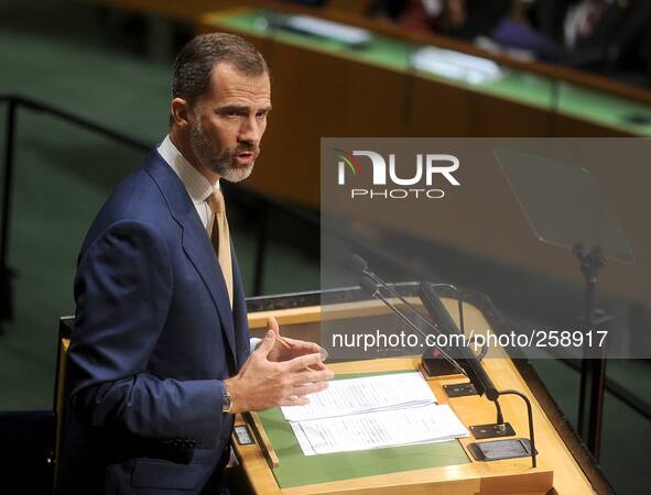 Felipe VI, the King of Spain, speaks at the 69th United Nations General Assembly at United Nations Headquarters on September 24, 2014 in New...