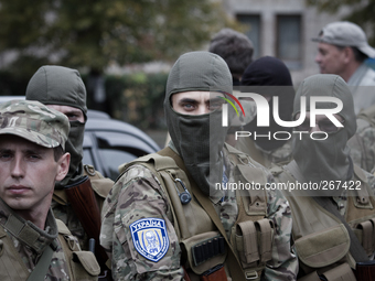 KIEV, UKRAINE - SEPTEMBER 30: MIA  Sich Battalion prepares for dispatching to ATO war zone in Ukraine (Photo by Sergii Kharchenko/NurPhoto)