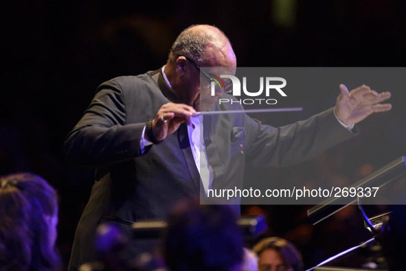 Quincy Jones conducts the London Symphony Orchestra at the A NIGHT OUT WITH SIR MICHAEL CAINE on 01/10/2014 at Royal Albert Hall, London. Pe...