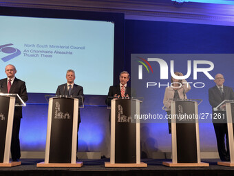 (L-R) Martin McGuinness, the deputy First Minister of Northern Ireland, Peter Robinson, the First Minister of Northern Ireland, Enda Kenny,...