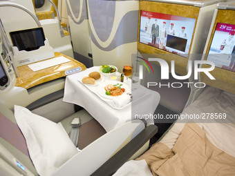 Pasay City, Philippines - A general view of the Business Class section of the Emirates' A380 which arrived in a one-off trip to Manila at th...