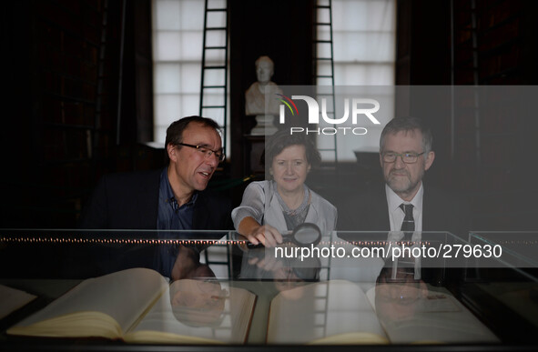 (L-R) Chris Morash, Seamus Heaney Professor in Irish Writing, Helen Shenton, the new College Librarian and Archivist and Bernard Meehan, Kee...