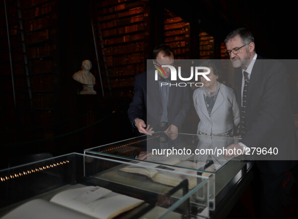 (L-R) Chris Morash, Seamus Heaney Professor in Irish Writing, Helen Shenton, the new College Librarian and Archivist and Bernard Meehan, Kee...