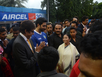 Opening ceremony of Indian Super League in Salt Lake Stadium in Kolkata , India. Actor Amitabh Bachhan And Avishek Bachhan greets West Benga...