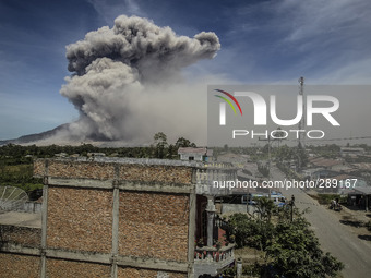 Volcanic spew from the Mount Sinabung seen from the Ndokum Siroga village, Simpang Empat Districk, Karo, North Sumatra. Indonesia. 9 October...