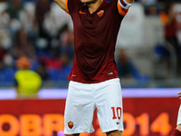 Totti cheers for the goal during the Serie A match between AS Roma and AC Chievo Verona at Olympic Stadium, Italy on October 18, 2014. (