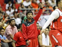 Bocaue, Bulacan Philippines - Manny Pacquiao head coach of Kia signals to his players in their game against Blackwater on the 40th season op...