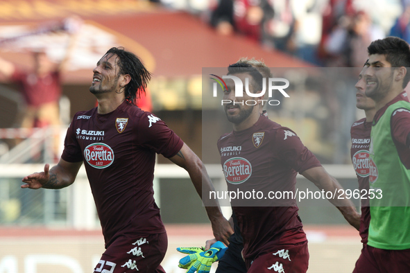 Torino forward Amauri de Oliveira (22) and Torino forward Fabio Quagliarella (27) celebrate after the Serie A football match n.7 TORINO - UD...