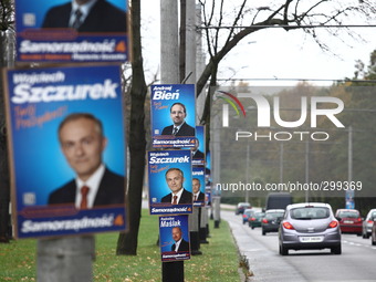 Gdynia, Poland 21st, October 2014 Electoral campaign before the local elections in Poland. Each pole, road sign and lamppost, along streets...
