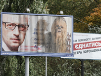 KIEV, UKRAINE - OCTOBER 21: Pre-election campaigning of Arseniy Yatseniuk of National Front party and Internet party of Ukraine representati...