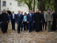 Polish President Bronislaw Komorowski (Center) pictured President's visit at the Benedictine Abbey in Tyniec. Vistula Boulevard, Krakow, Pol...