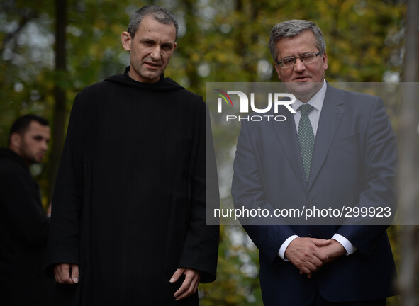 Polish President Bronislaw Komorowski and Prior Konrad Małys (Left) pictured during President's visit at the Benedictine Abbey in Tyniec, Po...