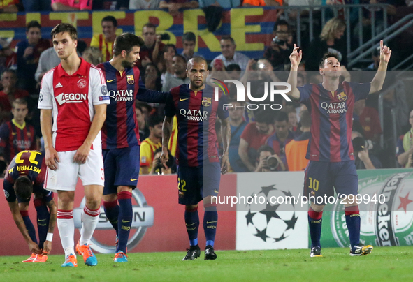 21 October-BARCELONA SPAIN: Leo Messi  . goal celebration in the match between FC Barcelona and Ajax, for Week 3 of the Champions League, pl...