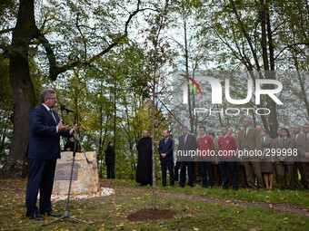 Polish President Bronislaw Komorowski pictured speaking to the crowd during a visit at the Benedictine Abbey in Tyniec. Vistula Boulevard, K...
