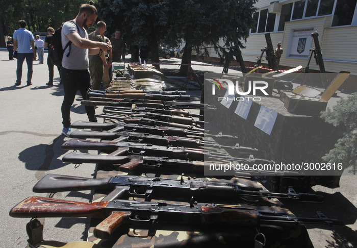 A view of the weapons and ammunition presented to journalists as confiscated from former MP Nadiya Savchenko and Head of the Center for the...