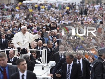 Pope Francis attends his weekly audience in St. Peter's Square on October 22, 2014 in Vatican City, Vatican. Speaking to the crowds gathered...