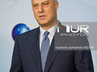 Prime Minister of Kosovo Hashim Thaci speaks during a joint press conference with High Representative of the Union for Foreign Affairs and S...