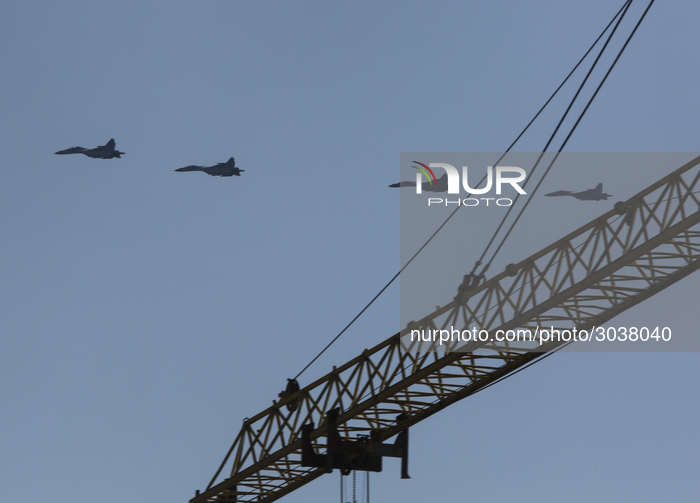 Ukrainian military aviation flies over Kyiv outskirts during the preparation for a parade to mark the 27-Anniversary of State Independence i...