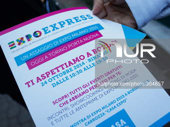The Expo Express train makes a stop in Turin's Porta Nuova station. Wanted by Italian FS Group in partnership with Milan Expo 2015 and the M...