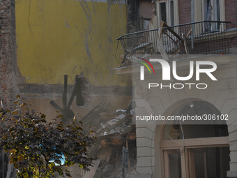 A view of a destroyed building after the gas explosion (morning of the 24th October) in Katowice at the junction Sokolska and Chopin streets...