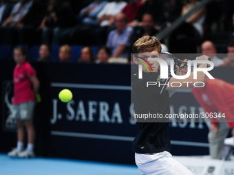 David Goffin (BEL) during the semi final of the Swiss Indoors  at St. Jakobshalle in Basel, Switzerland on October 25, 2014. (