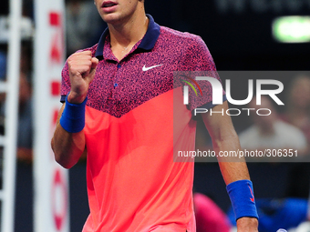 Borna Coric (CRO) raises fist during the semi final of the Swiss Indoors  at St. Jakobshalle in Basel, Switzerland on October 25, 2014. (