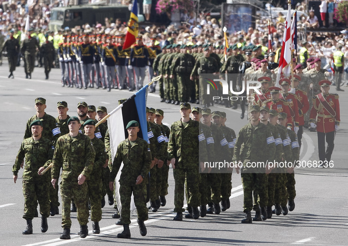 Estonian soldiers march during a military parade in Kiev, Ukraine, 24 August, 2018. Ukrainians mark Independence Day on 24 August. Around 4,...