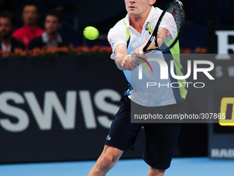 David Goffin (BEL) during the final of the Swiss Indoors  at St. Jakobshalle in Basel, Switzerland on October 26, 2014. (