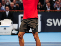 Roger Federer raises hands after winning the Swiss Indoors title at St. Jakobshalle in Basel, Switzerland on October 26, 2014. (