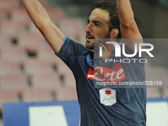 Gonzalo Higuain of SSC Napoli celebrates after scoring during the italian Serie A football match between SSC Napoli and Hellas Verona at San...
