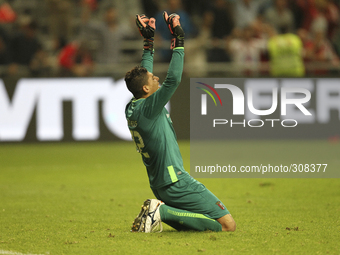Portugal, Braga: Braga's Brazilian goalkeeper Matheus Magalhães celebrates a victory of the match during the Premier League 2014/15 match be...