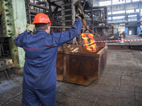 People at work in a forging and mechanical plant in Lozova, Ukraine, on August 31, 2018 (