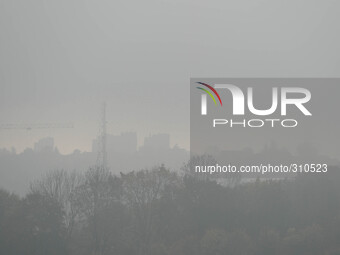 A panoramic view of the fog and an unhealthy smog at 2pm on the 28th of October 2014, visible over the city of Krakow from the Krakus Mound....