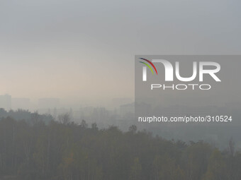 A panoramic view of the fog and an unhealthy smog at 2pm on the 28th of October 2014, visible over the city of Krakow from the Krakus Mound....