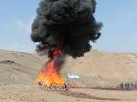 Afghan policemen and officials stand near a pile of burning opium narcotics during an official ceremony on the outskirts of Kabul,Afghanista...