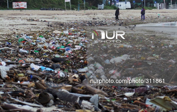 The main beach of the Black sea town Varna and main Bulgarian tourist destination is seen covered by tons of garbage, Tuesday, Oct. 28, 2014...