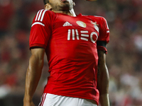 Benfica's forward Eduardo Salvio heads for the ball during the Portuguese League football match between SL Benfica and Rio Ave FC at Luz Sta...