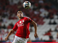Benfica's midfielder Enzo Perez heads for the ball during the Portuguese League football match between SL Benfica and Rio Ave FC at Luz Stad...