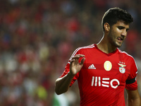 Benfica's defender Lisandro Lopez looks on during the Portuguese League football match between SL Benfica and Rio Ave FC at Luz  Stadium in...
