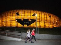 Gdansk, Poland night 31st October / 1st November 2014 PGE Arena stadium has transformed into a giant Halloween pumpkin. The huge evil pumpki...