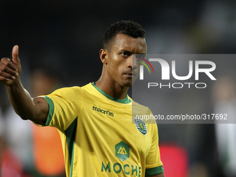 PORTUGAL, Guimarães: Sporting's Portuguese forward Nani after the end of the game acknowledges the support of the fans during Premier League...
